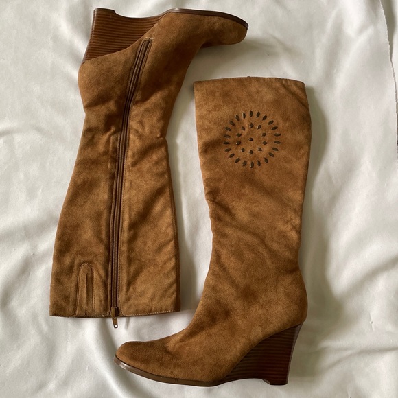 Bakers Shoes - Fashionable Bakers Knee High Boots Brown Suede Wood Wedge Heels 8.5 B